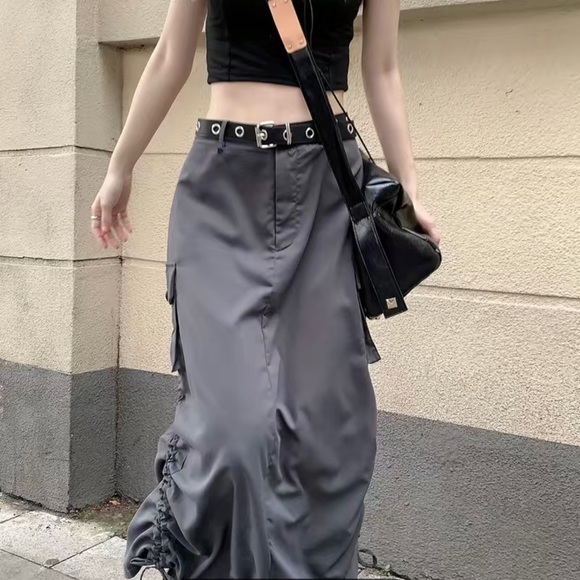 Women Cargo Midi Skirt Gray Medium M Slit Back Pocket Cargo Drawstring Slit - Picture 2 of 16